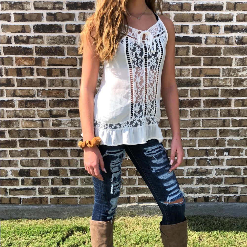 Cute white see through lace blouse